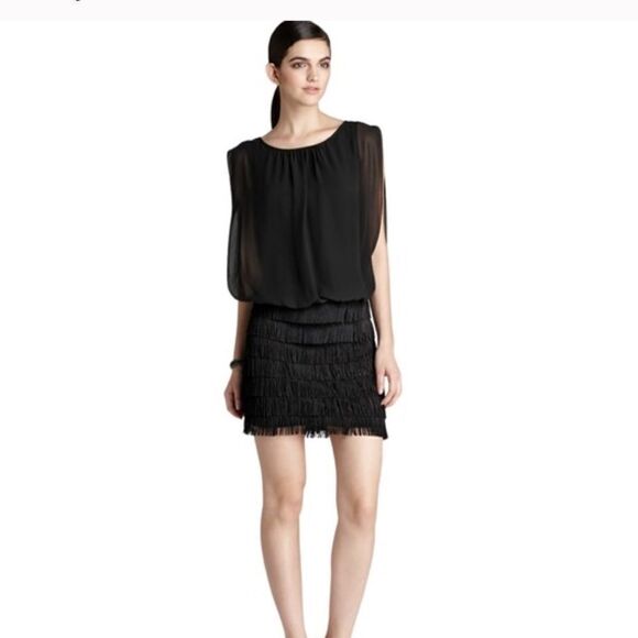 Aidan By Aidan Mattox Fringe Detail Chiffon Blouson Dress in black size 2 - Picture 2 of 15